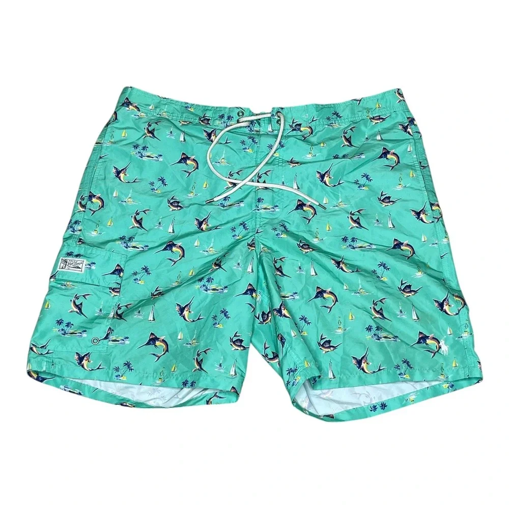 Polo Ralph Lauren Mens XXL Swim Trunks Marlin Sailboat Mint Green Nautical Print
